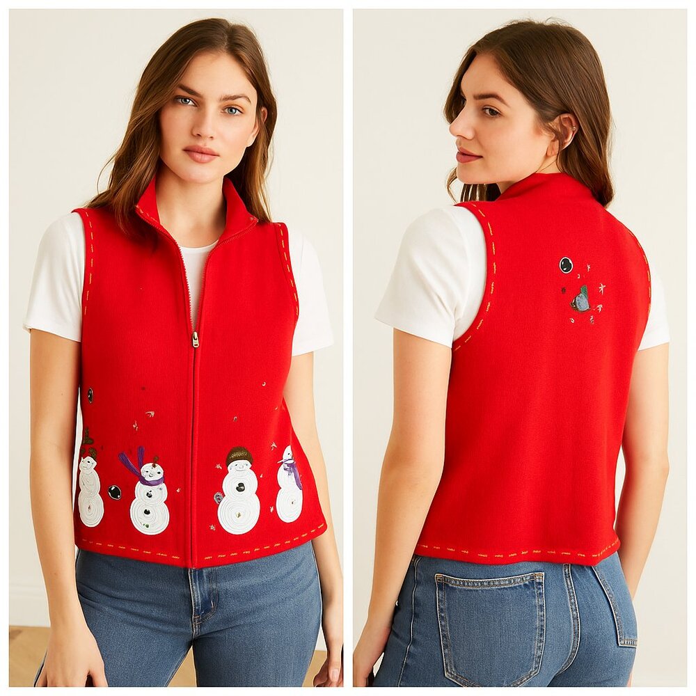 Ugly Christmas Sweater Vest Christopher & Banks Snowman full Zip Large L